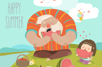 Dad and his daughter eating watermelon on picnic. 