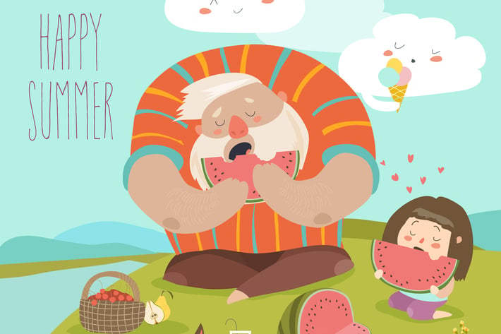 Dad and his daughter eating watermelon on picnic. 