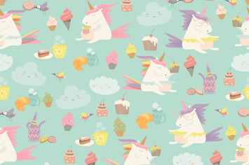 Vector cartoon seamless pattern unicorn with cake 
