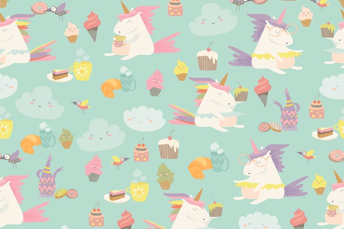 Vector cartoon seamless pattern unicorn with cake 