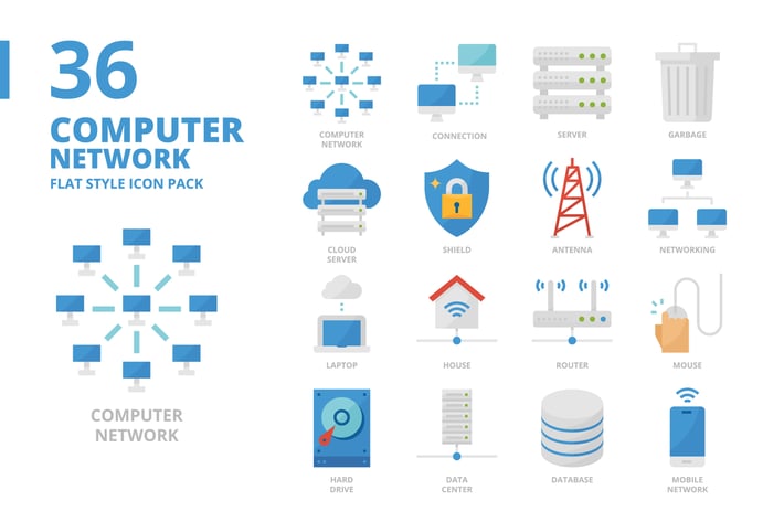 Computer Network Flat Style Icon Pack