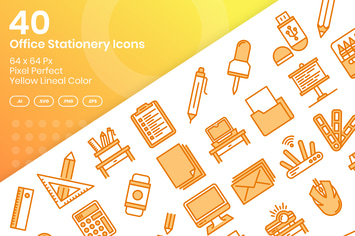 40 Office Stationery Icons - Yellow Lineal Color