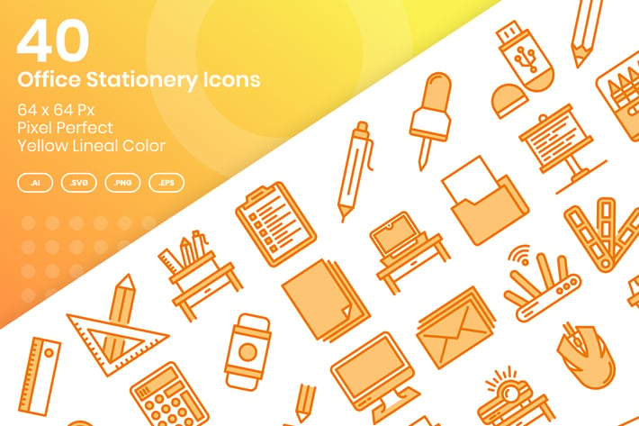 40 Office Stationery Icons - Yellow Lineal Color