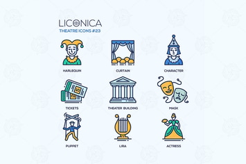 Theatre icons - modern color vector single set
