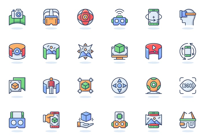 Virtual Reality Flat Line Web Icons Set