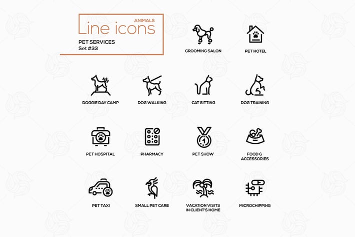 Pet services - modern vector single line icons set