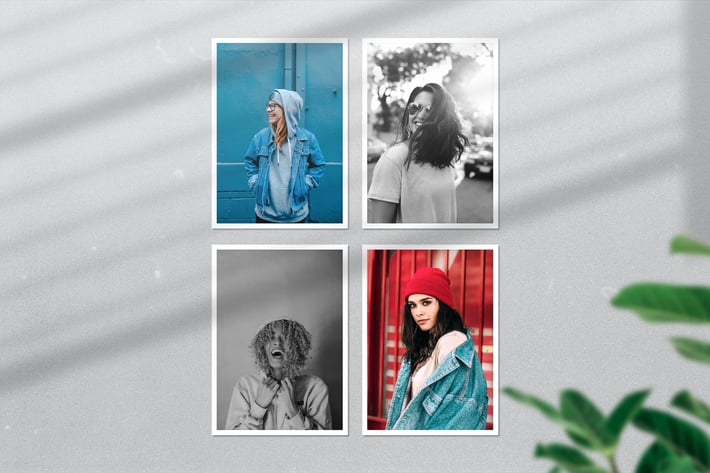 Modern four photo frame mockup hanging on wall m1