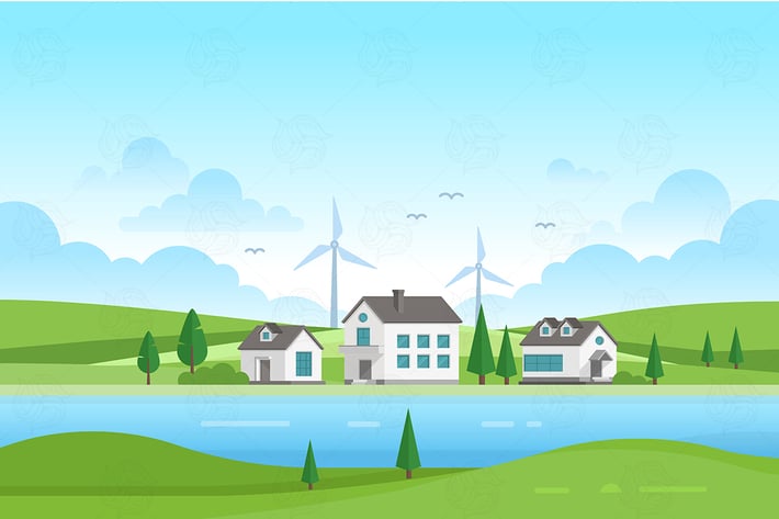 Lanscape with windmills - vector illustration