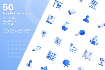 50 Back To School Icons Set - Flat