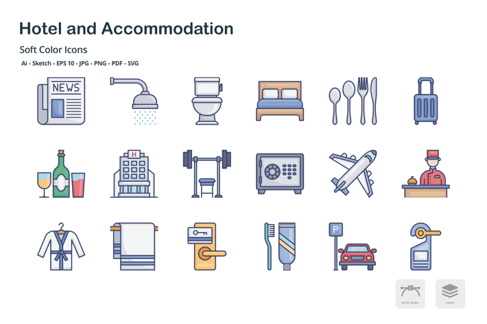 Hotel and accommodation soft color icons