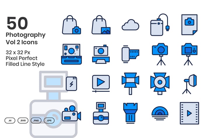50 Photography Vol 2 Icons Set - Filled Line