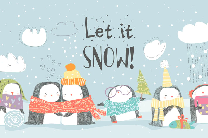 Cute penguins celebrating Christmas. Vector illust