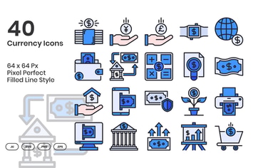 40 Currency Icons Set - Filled Line