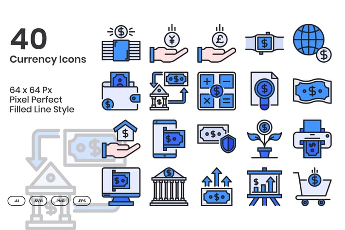 40 Currency Icons Set - Filled Line