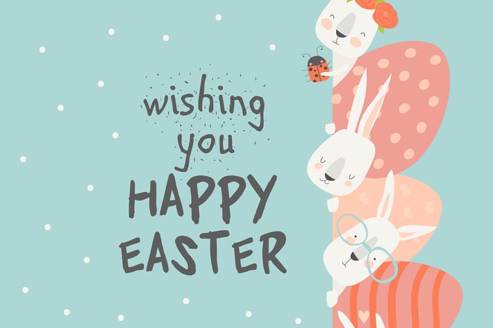 Cute cartoon bunny with Easter eggs. Vector illust