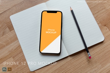 iPhone 12 Pro Mockup on Notebook Wooden Background