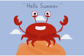Hello Summer with Crab Character Illustration