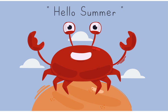 Hello Summer with Crab Character Illustration