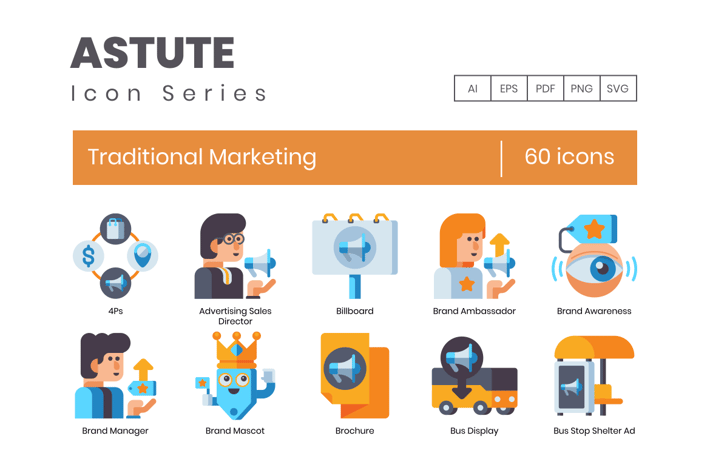60 Traditional Marketing Flat Icons