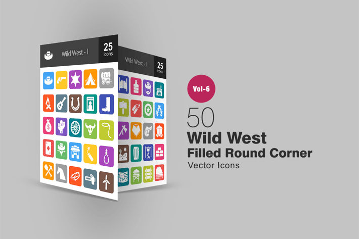 50 Wild West Filled Round Corner Icons