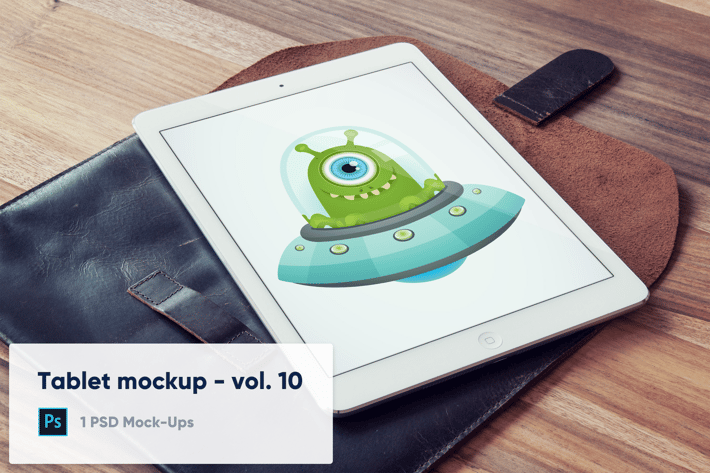 Tablet on Leather Case on Wooden Desk Mockup