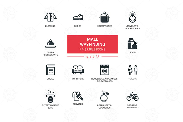 Mall wayfinding - modern simple icons, pictograms 