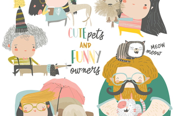 Cute pets with their owners. Vector collection