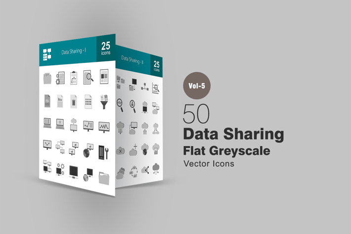 50 Data Sharing Greyscale Icons