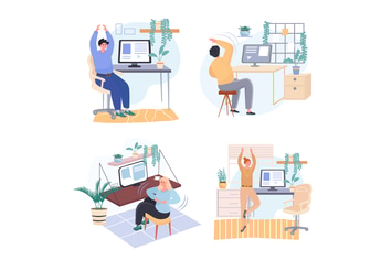 People Exercise Workplace Concept Scenes Set