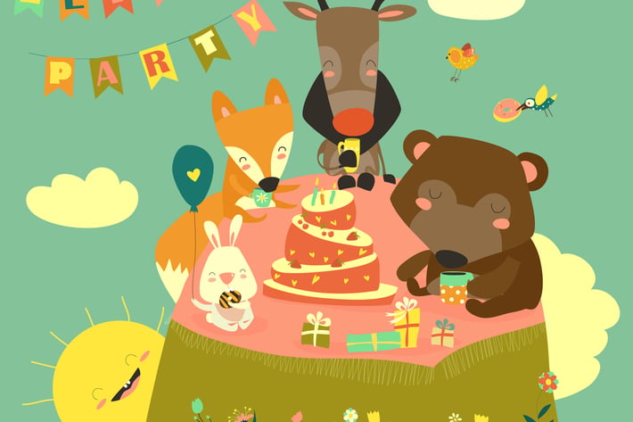 Birthday background with happy animals. Vector