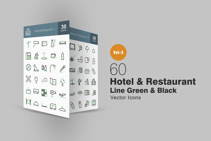 60 Hotel & Restaurant Line Green & Black Icons