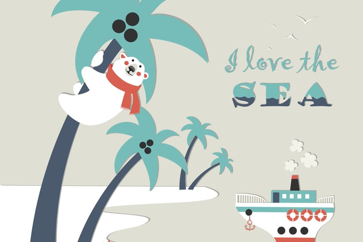 Cute polar bear climbed a palm tree. Vector
