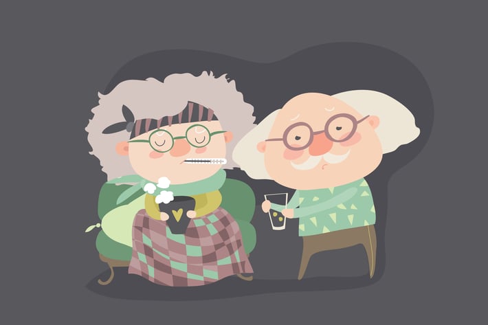 Grandfather giving his care to sick grandmother