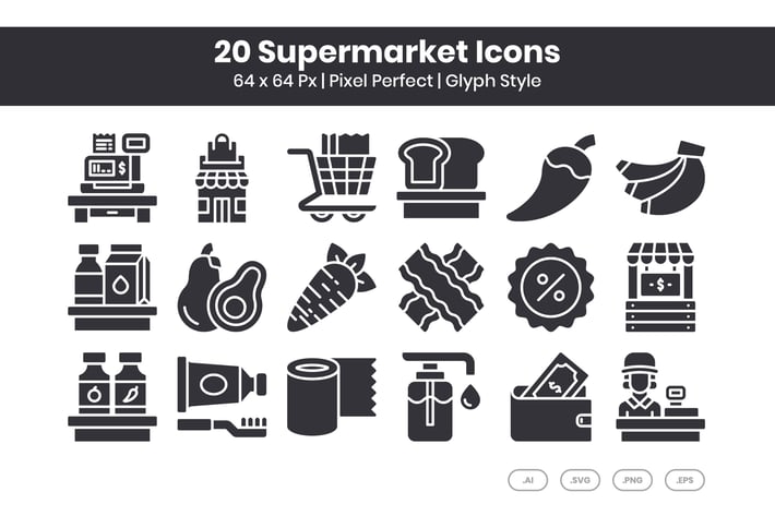 20 Supermarket  Icons Set - Glyph