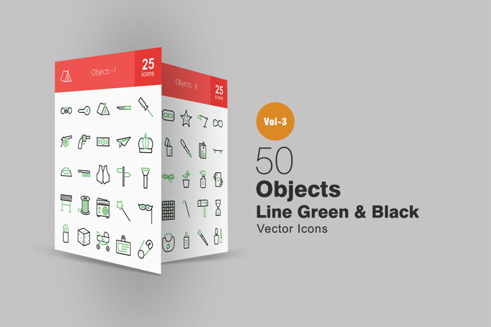 50 Objects Line Green & Black Icons