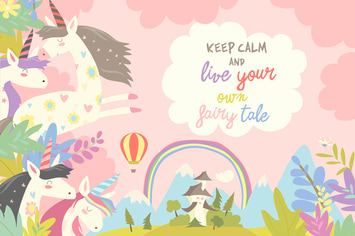 Cute magic unicorns and castle. Vector