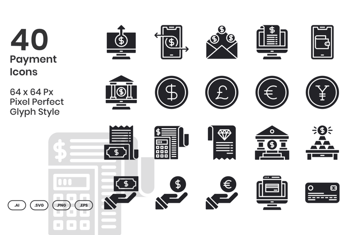 40 Payment Icons Set - Glyph