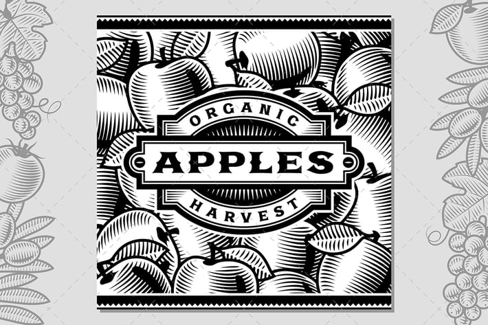 Retro Apple Harvest Label Black And White