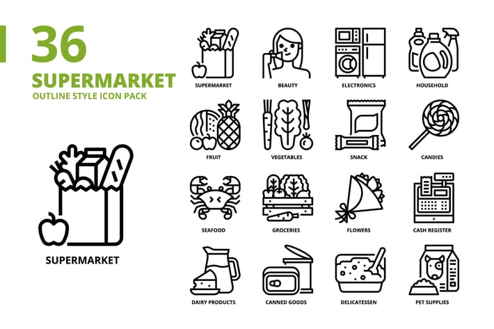 Supermarket Outline Style Icon Set