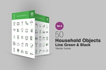 50 Household Objects Line Green & Black Icons