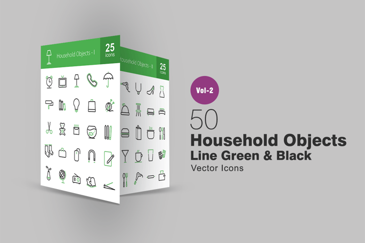 50 Household Objects Line Green & Black Icons