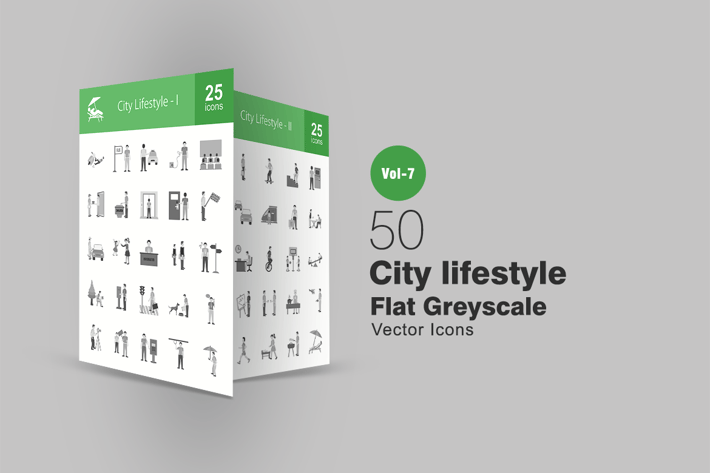 50 City Lifestyle Flat Greyscale Icons