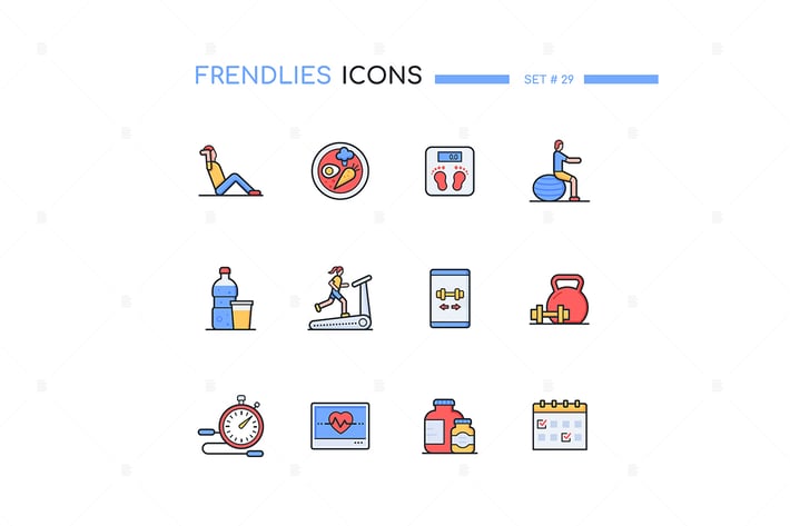 Fitness - colorful line design style icons set