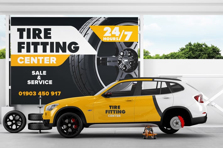 Advertising Board At Tire Fitting With Car Mockup