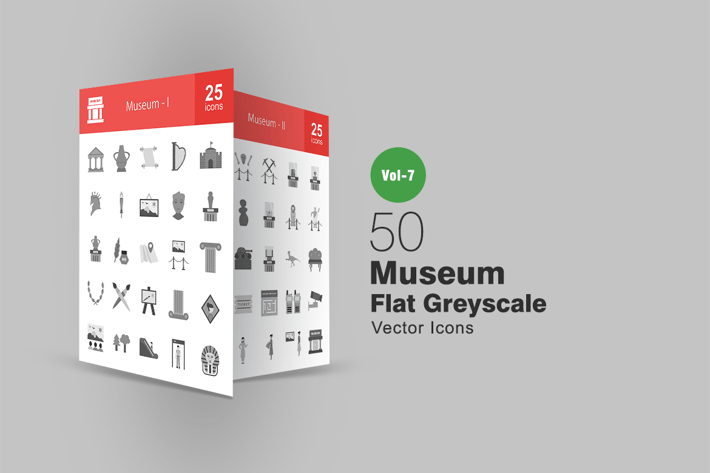 50 Museum Flat Greyscale Icons