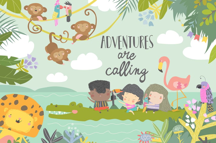 Cute cartoon kids traveling with animals. Adventu