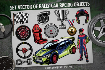set vector of rally car racing objects