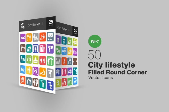 50 City Lifestyle Filled Round Corner Icons