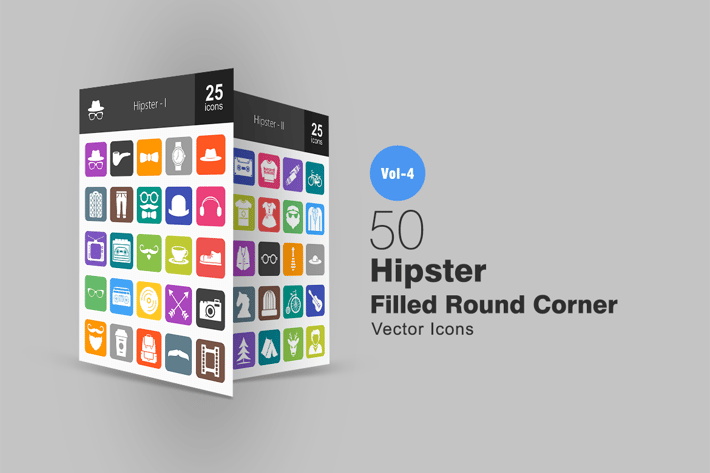 50 Hipster Flat Round Corner Icons