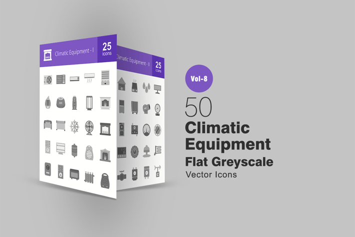 50 Climatic Equipment Flat Greyscale Icons